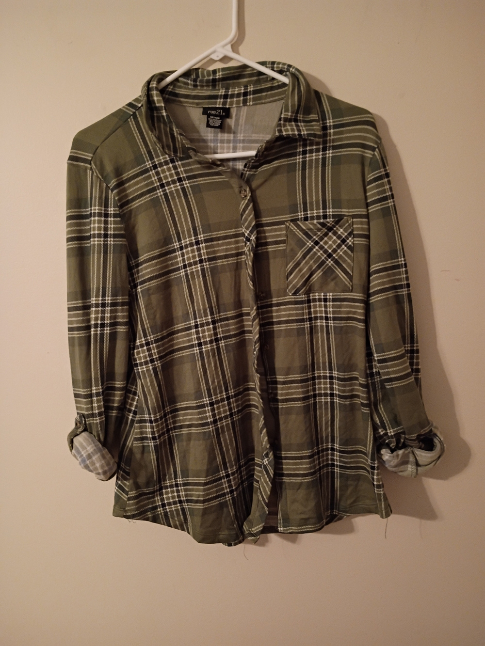 Rue21 Green and White Plaid Flannel Button Shirt